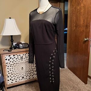 Bisou Bisou Black Long Sleeve Dress with Lace-Up Detail